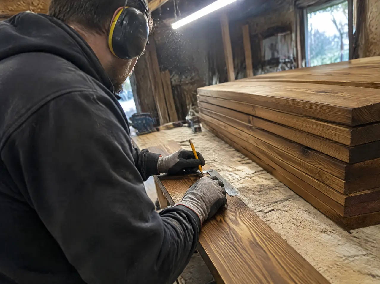 Craftsman marking a thermally modified timber board at the workbench in the joinery