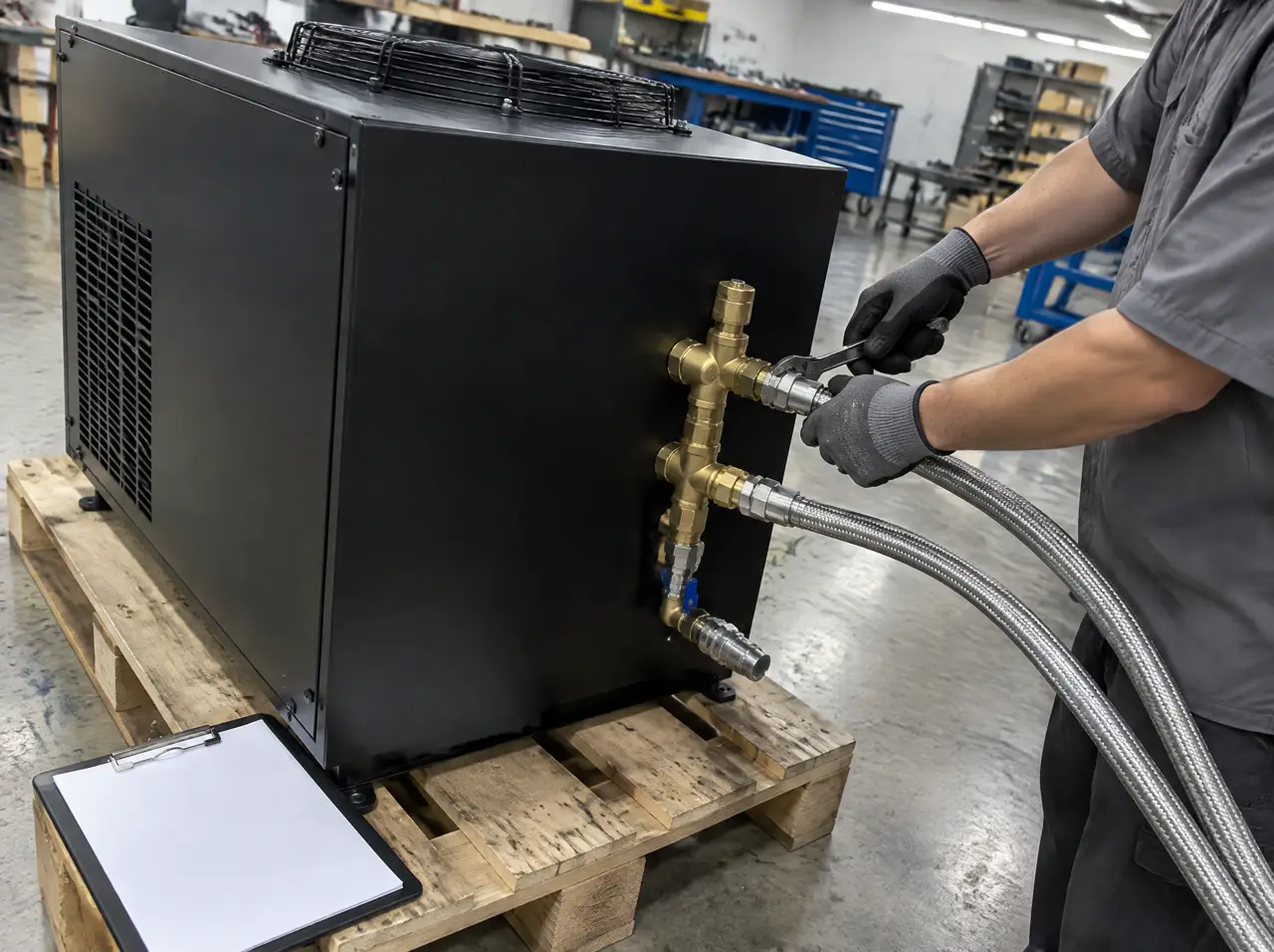 A plain matte black chiller casing on a pallet in the workshop while a technician in a grey shirt connects stainless hoses and a brass manifold