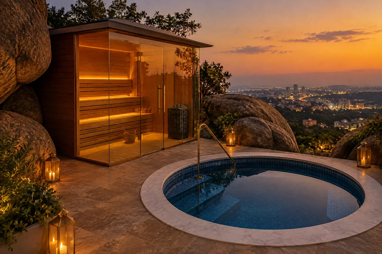 Upper terrace of a Jubilee Hills villa in Hyderabad at dusk with Deccan granite boulders, a glass-cornered sauna on a stone deck and a round cold plunge pool, the city lights in the valley