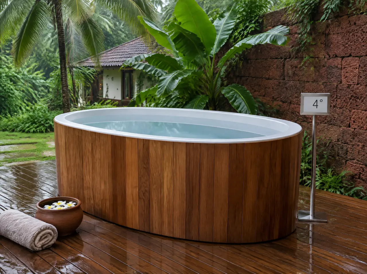 Oval wooden cold plunge tub with a white liner visible above the water on a teak deck beside a laterite wall in a Goa villa garden after rain, a display unit reading 4 degrees