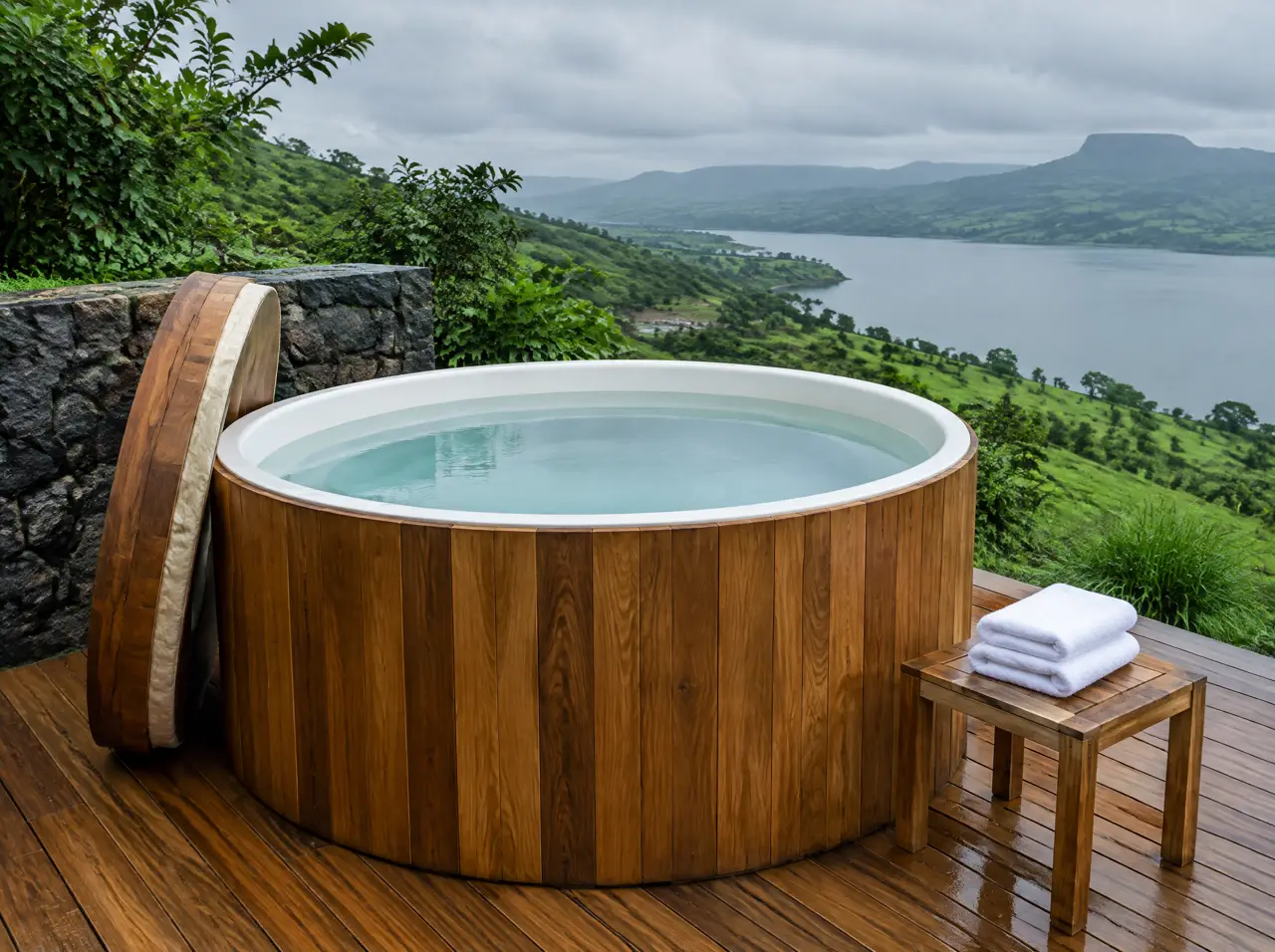 Round wooden hot tub of pale ash staves with a white liner visible above the water and an insulated cover leaning beside it, on a teak deck above a monsoon-green valley near Pune