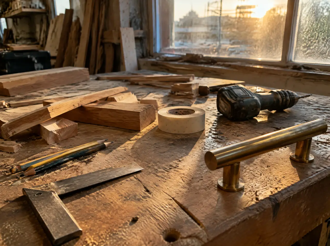 Workbench at the end of a shift with pencils, a steel square, a drill, timber offcuts and a brass handrail sample